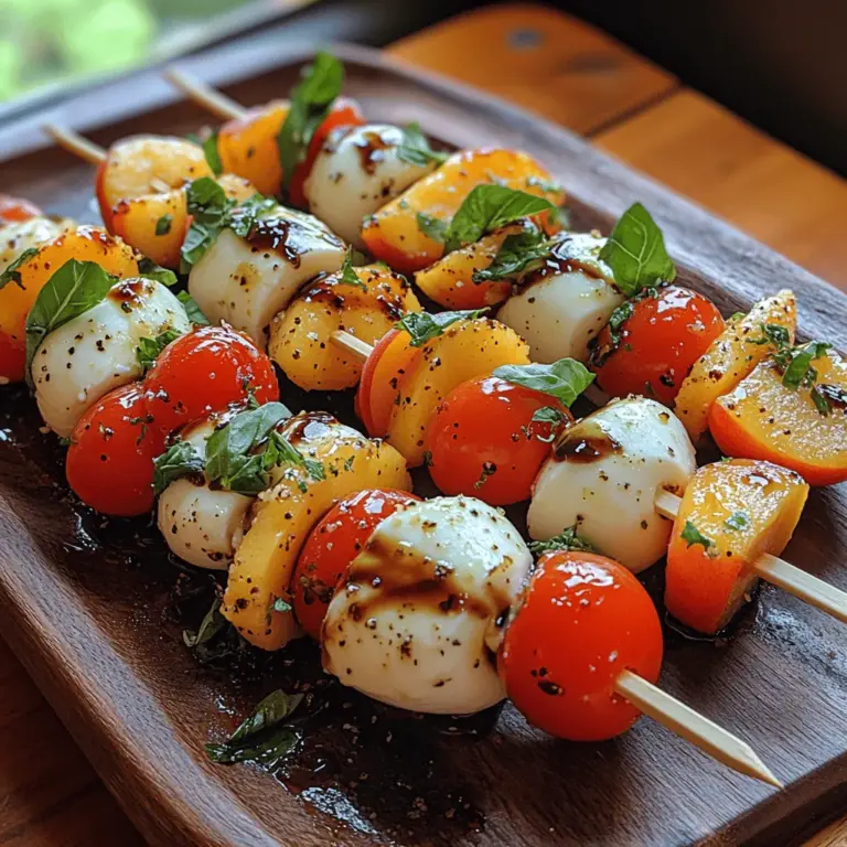 As the warm days of summer roll in, there's nothing quite like enjoying a light, refreshing dish that captures the essence of the season. Enter Peach Caprese Salad Skewers—an innovative twist on the classic Caprese salad that combines sweet, juicy peaches with creamy mozzarella and fragrant basil. This delightful appetizer not only pleases the palate but also makes for a stunning presentation at any gathering. Ideal for summer barbecues, picnics, or as a simple snack, these skewers embody the spirit of fresh, seasonal ingredients that are sure to impress friends and family alike.