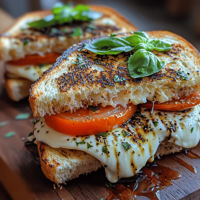 The Caprese Grilled Cheese Delight is a culinary creation that brings together the comforting essence of a classic grilled cheese sandwich and the fresh, vibrant flavors of an Italian Caprese salad. This delightful dish appeals to both cheese lovers and those seeking a burst of freshness in their meals. Imagine biting into a perfectly toasted sandwich where creamy mozzarella melts into sweet heirloom tomatoes, all elevated by fragrant basil and a drizzle of balsamic glaze. The combination not only tantalizes the taste buds but also presents a visually stunning meal that can be enjoyed for lunch, dinner, or even as a gourmet snack.