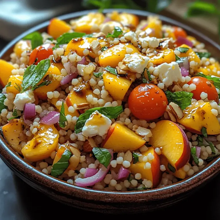 As the warm weather beckons outdoor gatherings, picnics, and light meals, the Sweet and Savory Peach Feta Couscous Salad emerges as a delightful choice that perfectly captures the essence of summer. This vibrant dish offers an exquisite balance of flavors and textures, making it not only a feast for the palate but also a visual delight. Imagine juicy, ripe peaches that burst with sweetness, creamy feta cheese that adds a rich, tangy note, and crunchy almonds that provide the perfect contrast. Together, these elements create a salad that is both refreshing and satisfying.