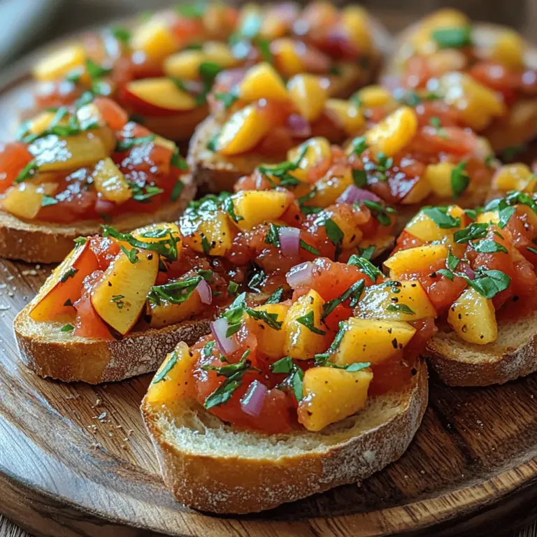 As the warm sun brightens our days and the garden yields its vibrant bounty, the time for fresh, light, and flavorful dishes arrives. One such delightful creation is the Summer Delight Tomato Peach Bruschetta. This dish encapsulates the essence of summer, bringing together the sweetness of juicy peaches and the robust flavor of ripe tomatoes, all atop a crisp, toasted slice of bread. With its bright colors and refreshing taste, this bruschetta not only serves as an appetizer but also as a perfect snack for al fresco gatherings or casual family dinners.