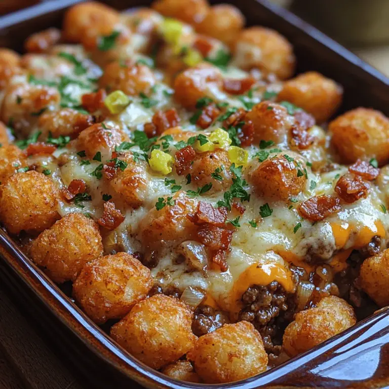 The Bacon Cheeseburger Tater Tot Casserole is a delicious and hearty dish that brings together all the classic flavors of a cheeseburger in a warm, comforting casserole format. This recipe is a crowd-pleasing favorite, perfect for family dinners or casual gatherings with friends. The blend of crispy tater tots, savory ground beef, crispy bacon, and gooey cheese creates a symphony of tastes and textures that is simply irresistible.