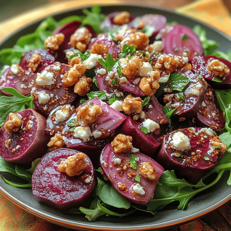 The Beetroot Bliss Salad with Feta and Walnuts is not just a feast for the eyes; it's a delightful medley of flavors and textures that brings together earthy beets, creamy feta, and crunchy walnuts. This salad is perfect for health-conscious eaters and makes a vibrant addition to any meal. Whether you're looking for a nutritious lunch, a side dish for dinner, or an impressive dish for gatherings, this recipe has it all.