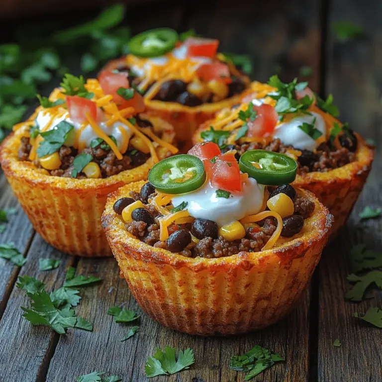 Crispy Cornbread Taco Cups are a delicious and creative twist on traditional tacos, providing a perfect blend of flavors and textures that cater to various palates. This dish combines the comforting, slightly sweet taste of cornbread with robust, savory taco fillings, making it an ideal choice for family dinners, parties, or casual gatherings. The appeal of these taco cups lies not just in their taste but also in their presentation, transforming a classic favorite into an eye-catching dish that is sure to impress guests.