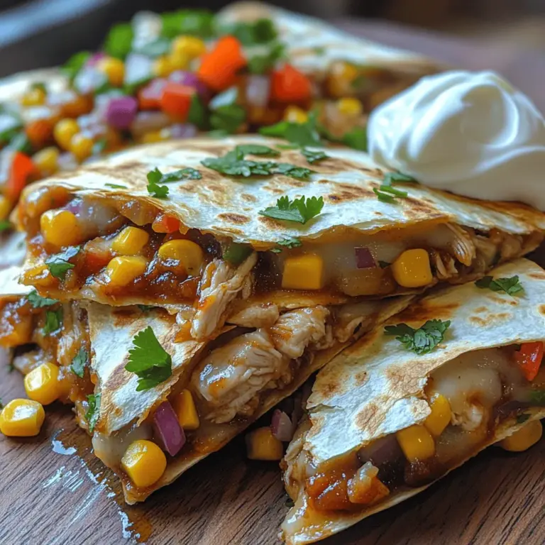 In the realm of quick and satisfying meals, few dishes can compete with the explosive combination of zesty BBQ chicken and sweet corn nestled within a warm, cheesy quesadilla. This recipe strikes a perfect balance between savory and sweet, transforming the classic quesadilla into an irresistible feast that’s both comforting and exciting. Imagine tender, shredded chicken bathed in tangy BBQ sauce, mingling with vibrant corn and colorful vegetables, all enveloped in a golden-brown tortilla. Whether you're in need of a speedy weeknight dinner, planning a gathering with friends, or seeking a cozy weekend lunch option, these quesadillas are simple to prepare and guaranteed to be a hit.