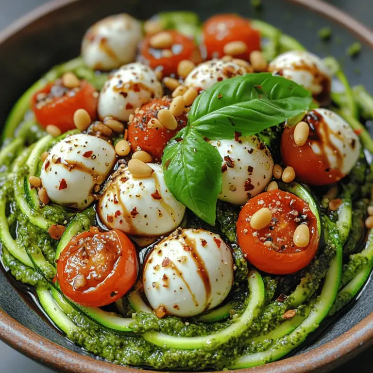 The Fresh Caprese Pesto Zoodle Bowl is a delightful culinary creation that celebrates the essence of summer with its vibrant colors and fresh ingredients. Combining the classic flavors of a Caprese salad with the innovative twist of zucchini noodles, or zoodles, this dish offers a deliciously light alternative to traditional pasta. As more people seek healthier meal options, zoodles have surged in popularity, providing a satisfying base that doesn’t compromise on taste or texture. The combination of homemade pesto, juicy cherry tomatoes, and creamy mozzarella transforms this bowl into a crowd-pleaser that will impress family and friends alike.
