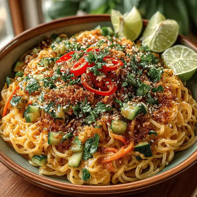 Spicy Thai Peanut Noodle Delight is a vibrant, flavorful dish that captures the essence of Thai cuisine while offering a delightful twist on traditional noodle recipes. This dish stands out for its perfect harmony of flavors, combining the rich, creamy texture of peanut sauce with the satisfying chew of noodles and the crunch of fresh vegetables. The appeal of Spicy Thai Peanut Noodle Delight lies in its ability to tantalize your taste buds with a unique blend of spicy, sweet, and savory notes, making it a favorite for both casual weeknight dinners and special occasions.