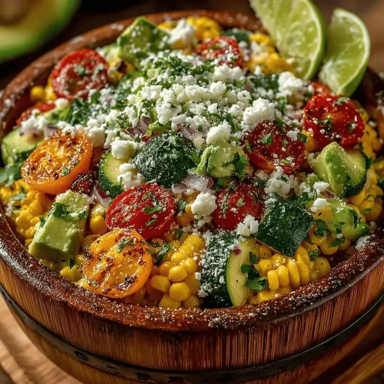 The Sweet Corn & Zucchini Fiesta Salad is a vibrant and refreshing dish that perfectly encapsulates the essence of summer, making it an ideal choice for a variety of occasions. Whether you are hosting a backyard barbecue, attending a potluck, or simply enjoying a sunny day at home, this salad stands out as a delightful option that balances both taste and nutrition. With its array of fresh ingredients, the salad not only pleases the palate but also captivates the eye with its bright colors, making it as much a feast for the senses as it is for the stomach.