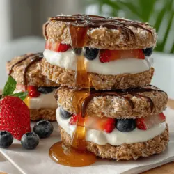 Frozen Yogurt Oatmeal Sandwich Bites are a delightful and nutritious treat that perfectly balances flavor and health benefits. This recipe combines the wholesome goodness of rolled oats with the creamy texture of yogurt and the natural sweetness of fresh fruit. These bite-sized snacks are ideal for various occasions, whether you need a quick breakfast on the go, a satisfying dessert, or a revitalizing afternoon pick-me-up.