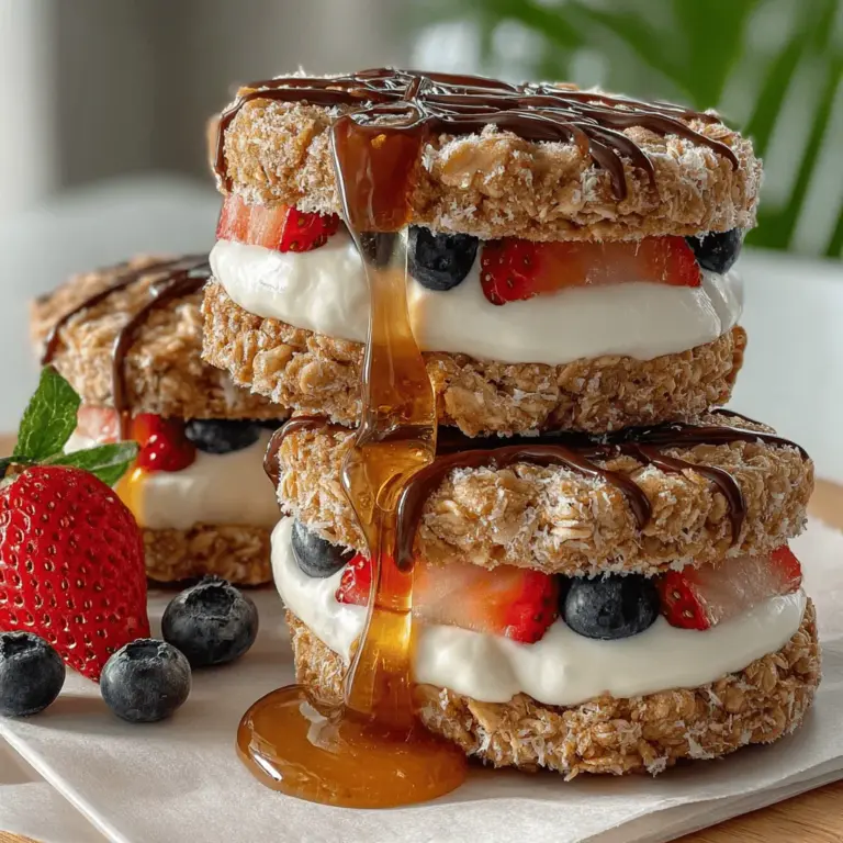 Frozen Yogurt Oatmeal Sandwich Bites are a delightful and nutritious treat that perfectly balances flavor and health benefits. This recipe combines the wholesome goodness of rolled oats with the creamy texture of yogurt and the natural sweetness of fresh fruit. These bite-sized snacks are ideal for various occasions, whether you need a quick breakfast on the go, a satisfying dessert, or a revitalizing afternoon pick-me-up.