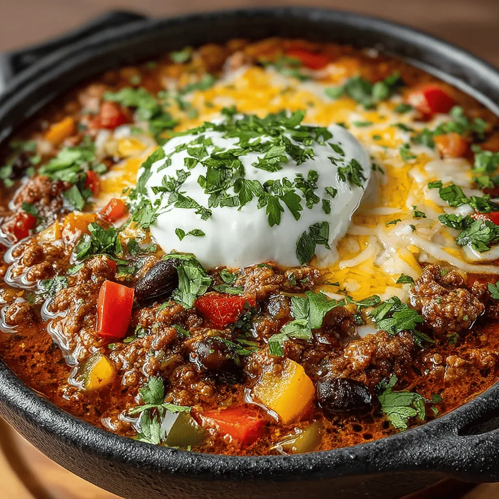 - 1 pound ground turkey - 1 can (15 oz) black beans, drained and rinsed - 1 can (15 oz) kidney beans, drained and rinsed - 1 can (14.5 oz) diced tomatoes - 1 cup chicken broth - 1 medium onion, diced - 1 bell pepper, diced (any color) - 3 cloves garlic, minced - 2 tablespoons chili powder - 1 teaspoon ground cumin - 1 teaspoon smoked paprika - Salt and pepper to taste - Olive oil for sautéing - Optional garnishes: chopped cilantro, sour cream, shredded cheese