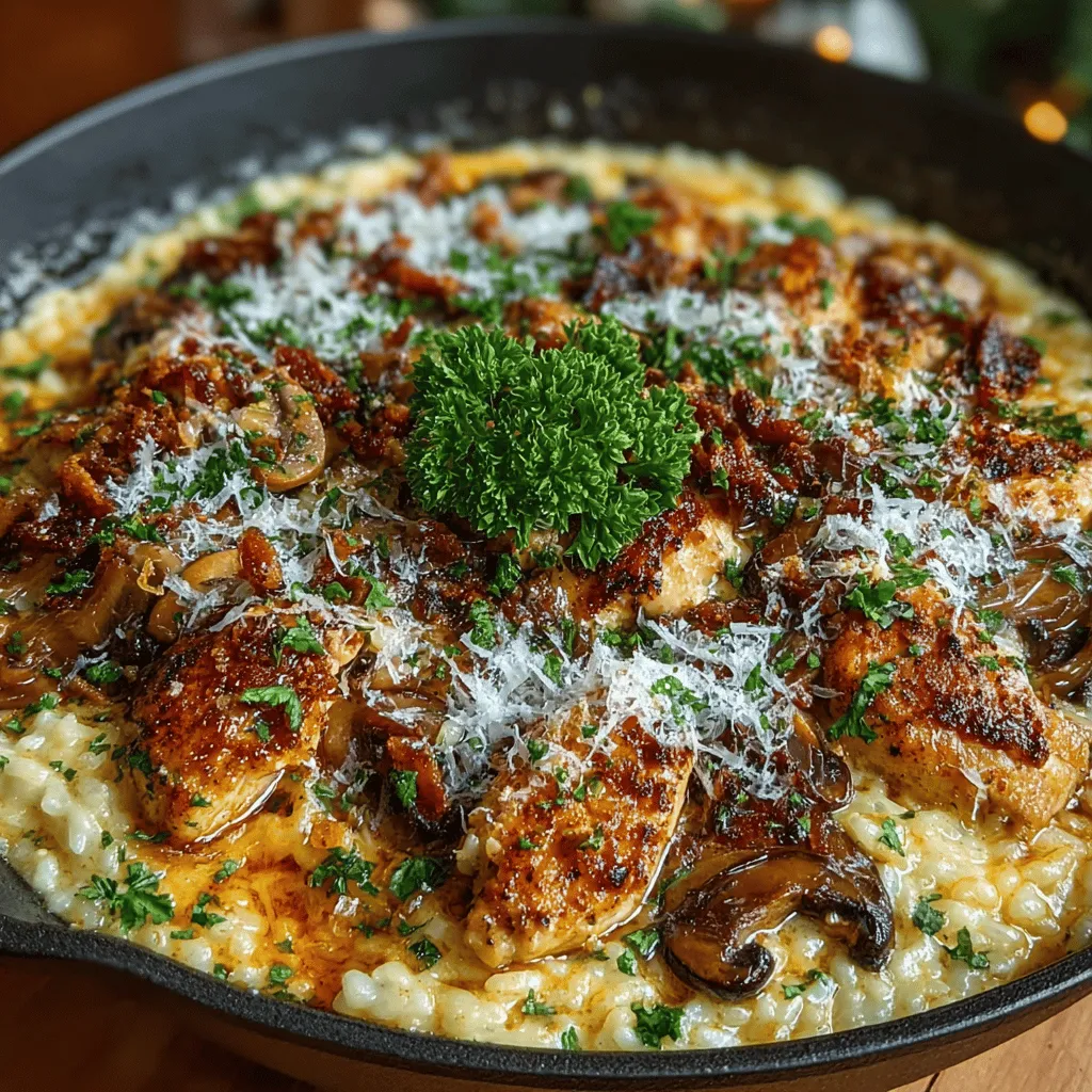 - 1 cup Arborio rice - 2 tablespoons olive oil - 1 small onion, finely chopped - 2 cloves garlic, minced - 1 pound chicken breast, diced - 8 ounces cremini mushrooms, sliced - 4 cups chicken broth, kept warm - 1/2 cup dry white wine - 1/2 cup heavy cream - 1/2 cup grated Parmesan cheese - Salt and pepper to taste - Fresh parsley, chopped, for garnish
