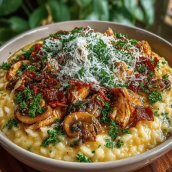 - 1 cup Arborio rice - 2 tablespoons olive oil - 1 small onion, finely chopped - 2 cloves garlic, minced - 1 pound chicken breast, diced - 8 ounces cremini mushrooms, sliced - 4 cups chicken broth, kept warm - 1/2 cup dry white wine - 1/2 cup heavy cream - 1/2 cup grated Parmesan cheese - Salt and pepper to taste - Fresh parsley, chopped, for garnish