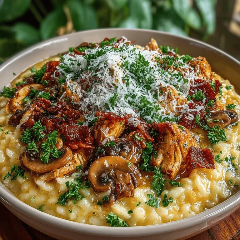 - 1 cup Arborio rice - 2 tablespoons olive oil - 1 small onion, finely chopped - 2 cloves garlic, minced - 1 pound chicken breast, diced - 8 ounces cremini mushrooms, sliced - 4 cups chicken broth, kept warm - 1/2 cup dry white wine - 1/2 cup heavy cream - 1/2 cup grated Parmesan cheese - Salt and pepper to taste - Fresh parsley, chopped, for garnish