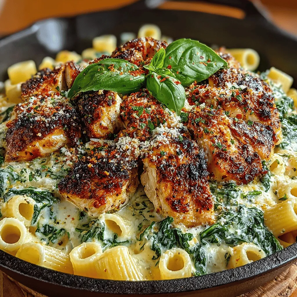 - 8 ounces penne pasta - 1 pound boneless, skinless chicken breast, cut into bite-sized pieces - 2 tablespoons olive oil - 3 cloves garlic, minced - 1 teaspoon Italian seasoning - 4 cups fresh spinach - 1 cup heavy cream - 1 cup grated Parmesan cheese - Salt and pepper to taste - Fresh basil for garnish (optional)