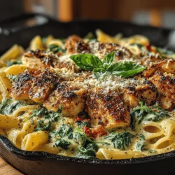 - 8 ounces penne pasta - 1 pound boneless, skinless chicken breast, cut into bite-sized pieces - 2 tablespoons olive oil - 3 cloves garlic, minced - 1 teaspoon Italian seasoning - 4 cups fresh spinach - 1 cup heavy cream - 1 cup grated Parmesan cheese - Salt and pepper to taste - Fresh basil for garnish (optional)