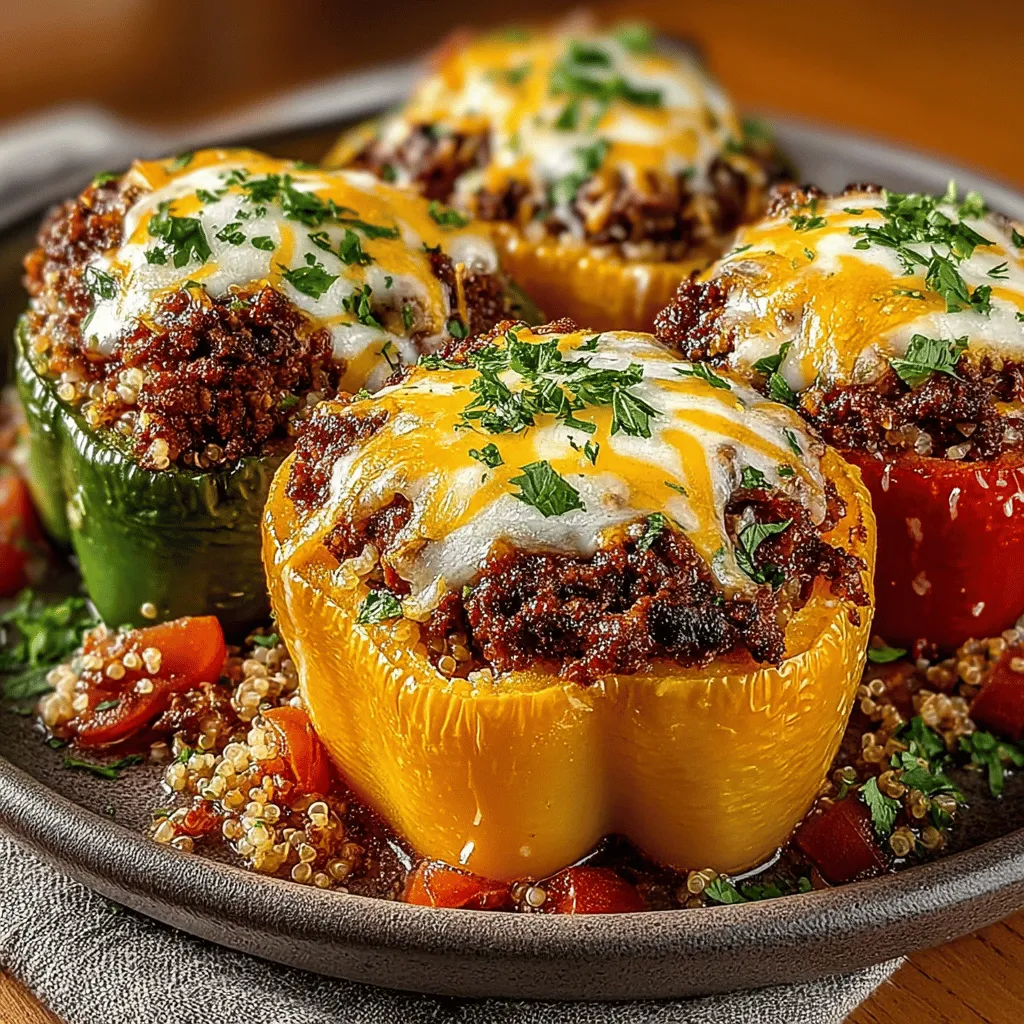 - 4 large bell peppers (any color) - 1 pound ground beef - 1 cup cooked quinoa - 1 small onion, diced - 2 cloves garlic, minced - 1 cup diced tomatoes (canned or fresh) - 1 teaspoon Italian seasoning - 1 teaspoon paprika - Salt and pepper to taste - 1 cup shredded cheese (cheddar or mozzarella) - Fresh parsley for garnish (optional)