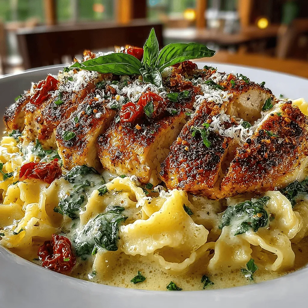 - 8 ounces fettuccine or linguine - 2 boneless, skinless chicken breasts - Salt and pepper, to taste - 2 tablespoons olive oil - 3 cloves garlic, minced - 1/2 cup sun-dried tomatoes, chopped - 1 cup heavy cream - 1 cup chicken broth - 2 cups fresh spinach - 1/2 cup freshly grated Parmesan cheese - Fresh basil, for garnish (optional)