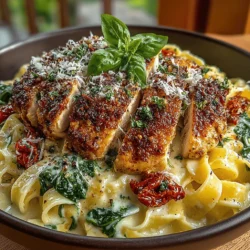 - 8 ounces fettuccine or linguine - 2 boneless, skinless chicken breasts - Salt and pepper, to taste - 2 tablespoons olive oil - 3 cloves garlic, minced - 1/2 cup sun-dried tomatoes, chopped - 1 cup heavy cream - 1 cup chicken broth - 2 cups fresh spinach - 1/2 cup freshly grated Parmesan cheese - Fresh basil, for garnish (optional)