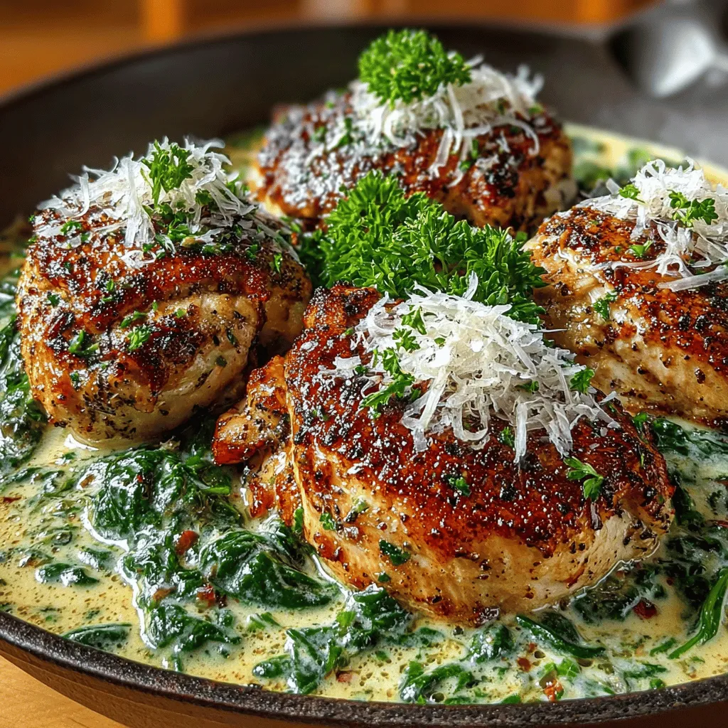 - 4 boneless, skinless chicken breasts - 2 tablespoons olive oil - 4 cloves garlic, minced - 1 teaspoon Italian herbs (such as oregano and basil) - 1 cup chicken broth - 1 cup heavy whipping cream - 2 cups fresh spinach - 1/2 cup grated Parmesan cheese - 1 tablespoon lemon juice - Fresh parsley, chopped (for garnish)