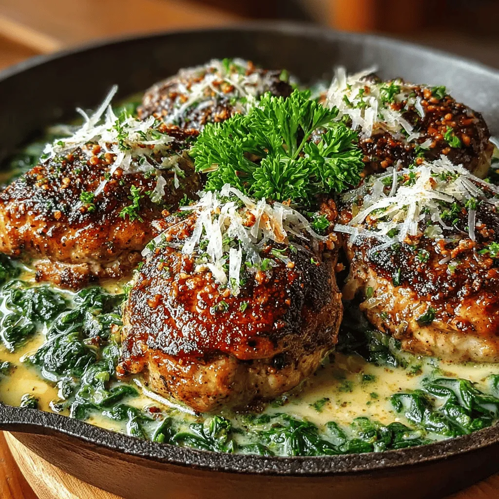 - 4 boneless, skinless chicken breasts - 2 tablespoons olive oil - 4 cloves garlic, minced - 1 teaspoon Italian herbs (such as oregano and basil) - 1 cup chicken broth - 1 cup heavy whipping cream - 2 cups fresh spinach - 1/2 cup grated Parmesan cheese - 1 tablespoon lemon juice - Fresh parsley, chopped (for garnish)