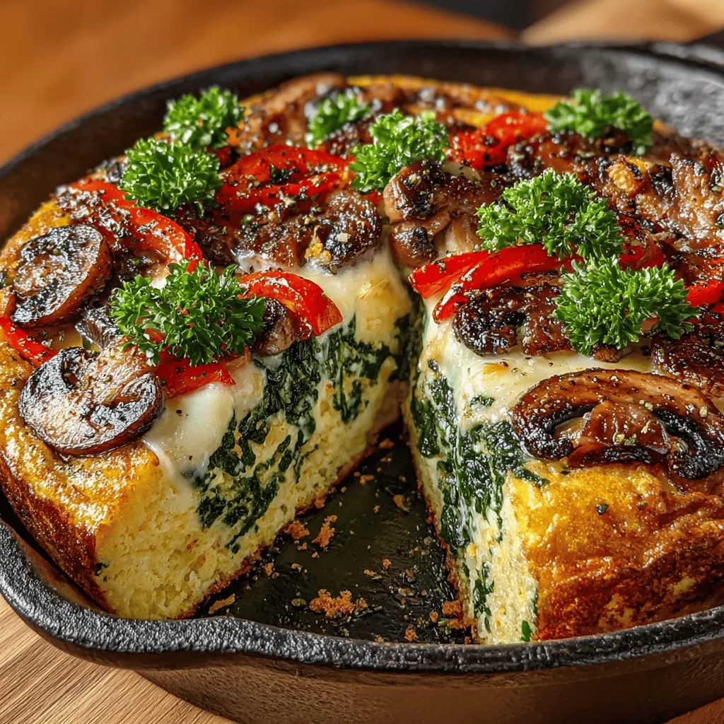- 8 large eggs - 2 cups fresh spinach, chopped - 1 cup mushrooms, sliced (button or cremini recommended) - 1 small onion, diced - 1 bell pepper, diced (any color) - 1 cup shredded cheese (cheddar, feta, or mozzarella) - 2 tablespoons olive oil - 2 cloves garlic, minced - Salt and pepper to taste