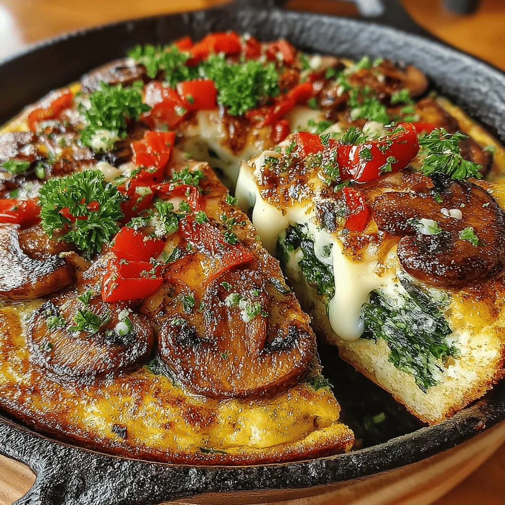 - 8 large eggs - 2 cups fresh spinach, chopped - 1 cup mushrooms, sliced (button or cremini recommended) - 1 small onion, diced - 1 bell pepper, diced (any color) - 1 cup shredded cheese (cheddar, feta, or mozzarella) - 2 tablespoons olive oil - 2 cloves garlic, minced - Salt and pepper to taste