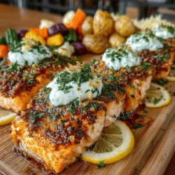 - 4 salmon fillets (6 oz each) - 2 tablespoons olive oil - 1 teaspoon garlic powder - 1 teaspoon smoked paprika - Salt and pepper to taste - 1 cup Greek yogurt - 2 tablespoons fresh dill, chopped - 1 tablespoon lemon juice - 1 teaspoon Dijon mustard