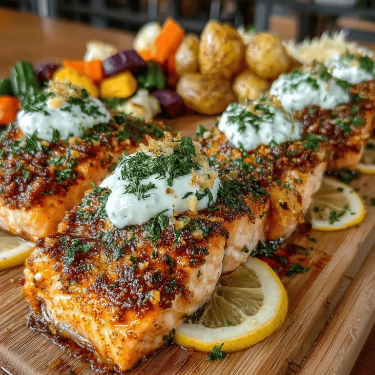 - 4 salmon fillets (6 oz each) - 2 tablespoons olive oil - 1 teaspoon garlic powder - 1 teaspoon smoked paprika - Salt and pepper to taste - 1 cup Greek yogurt - 2 tablespoons fresh dill, chopped - 1 tablespoon lemon juice - 1 teaspoon Dijon mustard