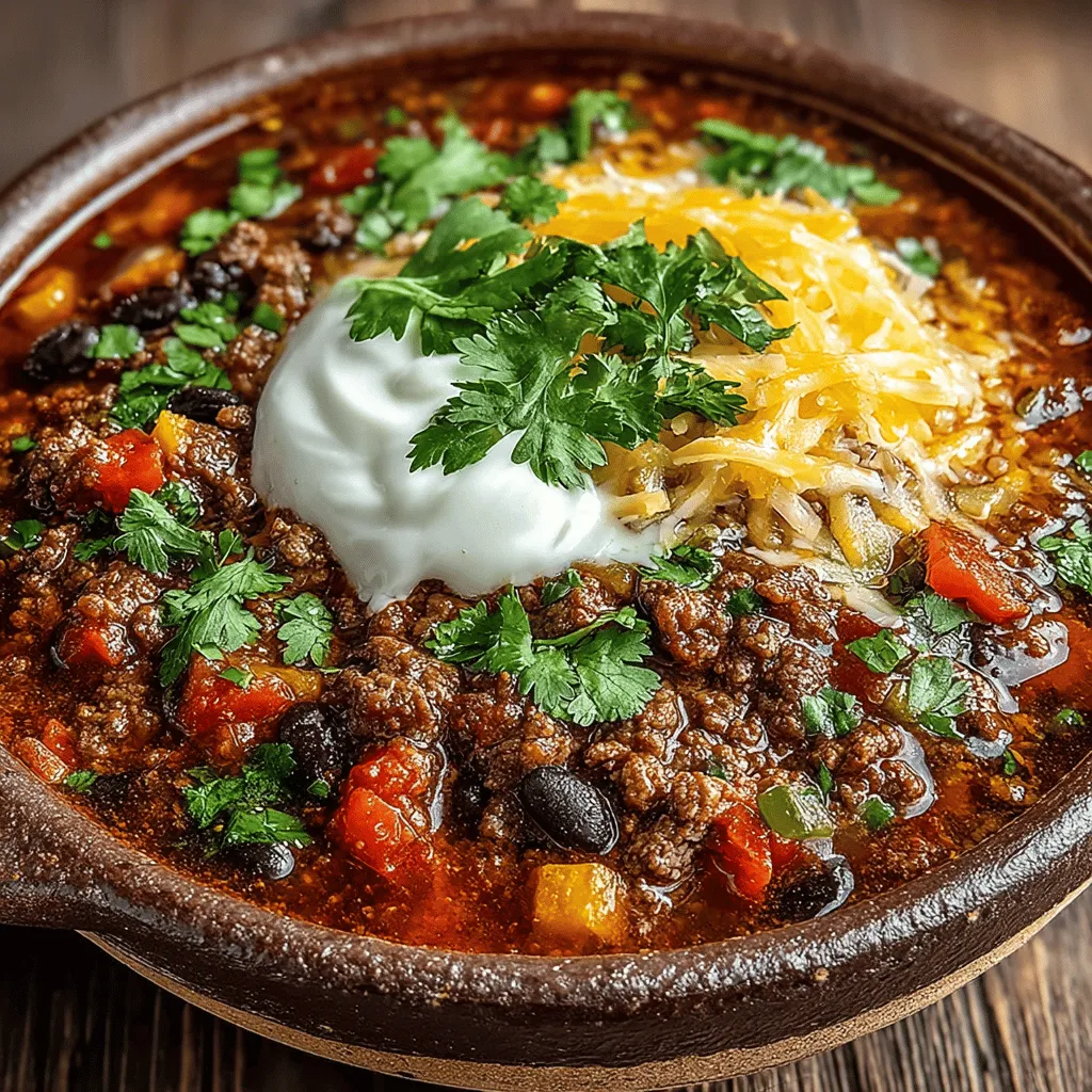 - 1 pound ground beef (preferably 80/20 blend) - 1 can (15 oz) kidney beans, drained and rinsed - 1 can (15 oz) black beans, drained and rinsed - 1 can (14.5 oz) diced tomatoes - 1 medium onion, diced - 1 bell pepper (any color), diced - 3 cloves garlic, minced - 2 tablespoons chili powder - 1 teaspoon cumin - 1 teaspoon smoked paprika - 1/2 teaspoon cayenne pepper (adjust to taste) - Salt and pepper to taste - 2 tablespoons olive oil - Optional toppings: sour cream, shredded cheese, cilantro, or jalapeños