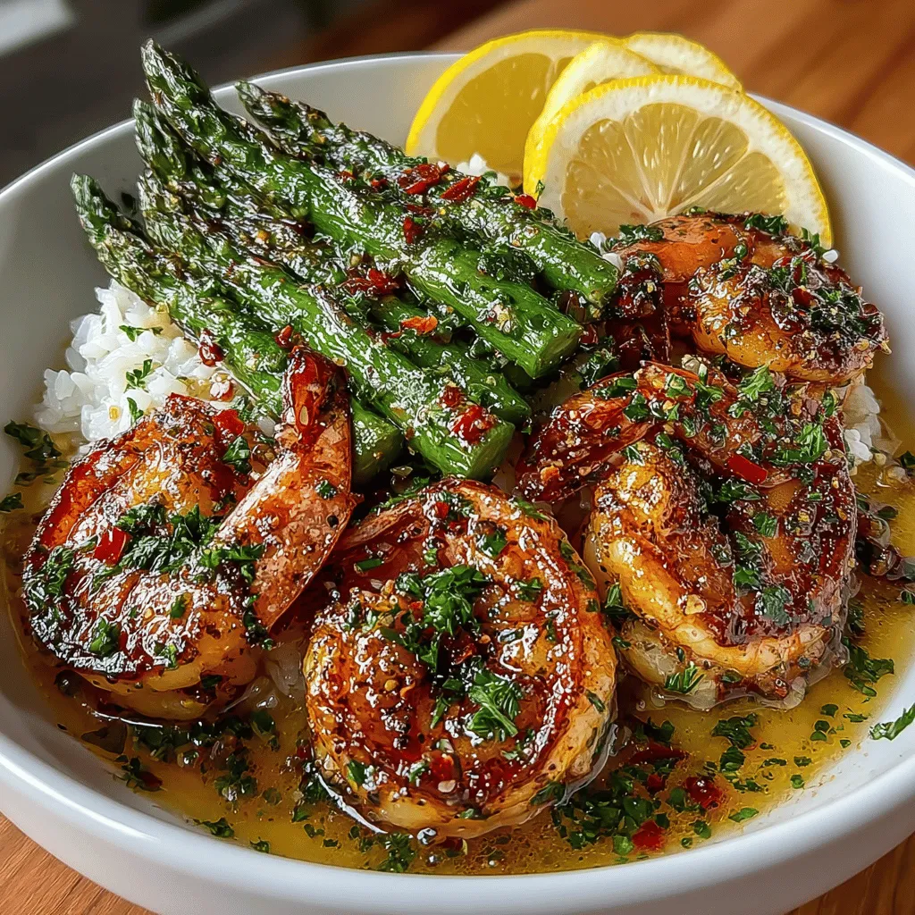 - 1 pound large shrimp, peeled and deveined - 1 cup jasmine rice - 2 cups vegetable or chicken broth - 1 bunch asparagus, trimmed and cut into 2-inch pieces - 2 tablespoons olive oil - 3 cloves garlic, minced - 1 lemon, juiced and zested - 1 teaspoon red pepper flakes (adjust to taste) - Salt and pepper to taste - Fresh parsley, chopped for garnish