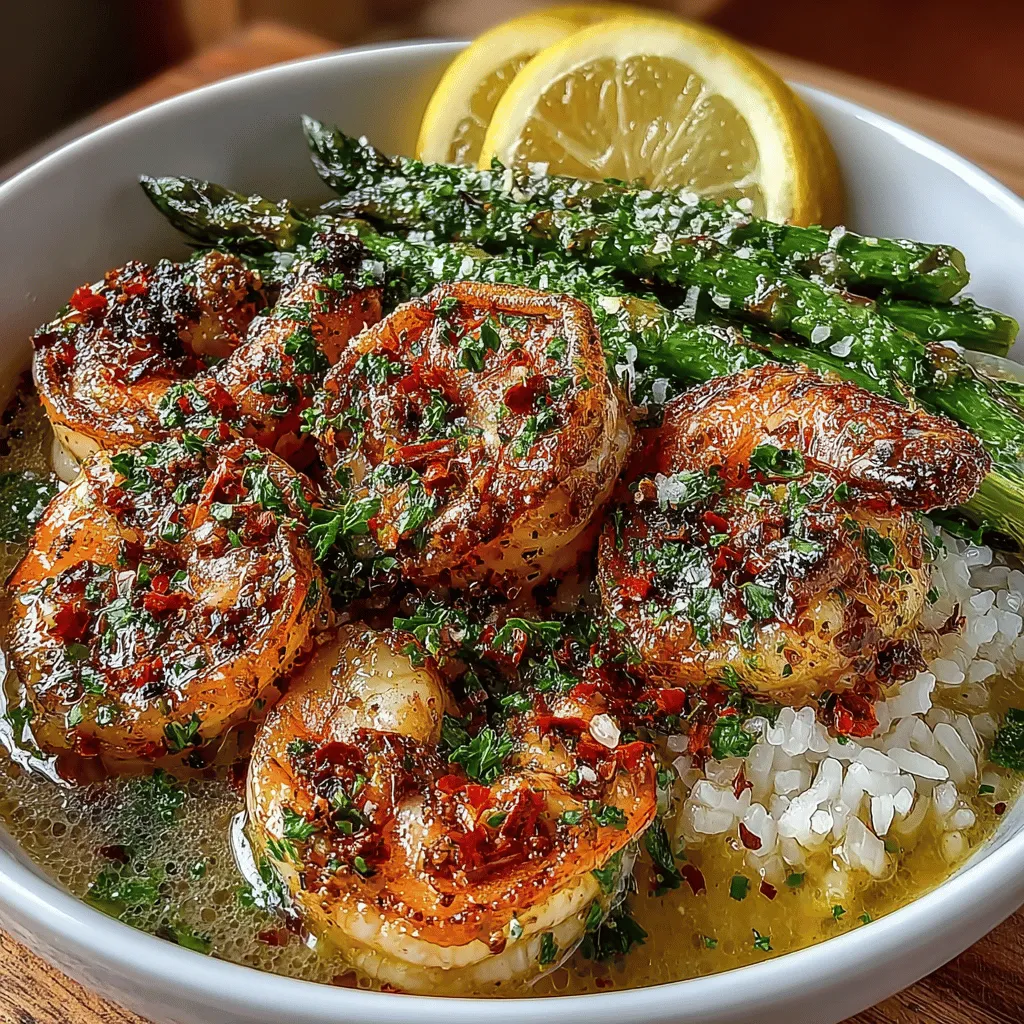 - 1 pound large shrimp, peeled and deveined - 1 cup jasmine rice - 2 cups vegetable or chicken broth - 1 bunch asparagus, trimmed and cut into 2-inch pieces - 2 tablespoons olive oil - 3 cloves garlic, minced - 1 lemon, juiced and zested - 1 teaspoon red pepper flakes (adjust to taste) - Salt and pepper to taste - Fresh parsley, chopped for garnish