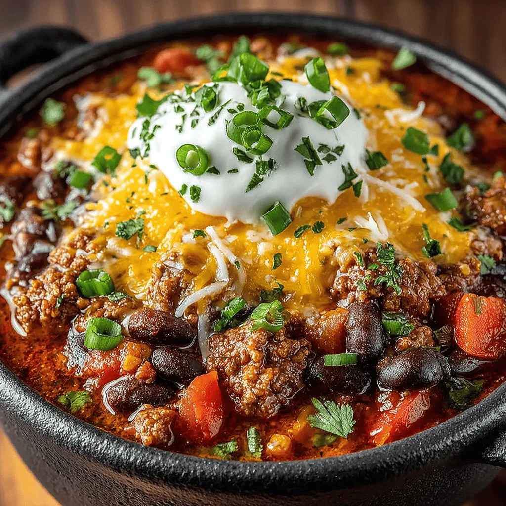 - 1 pound 80% lean ground beef - 1 can (15 oz) kidney beans, drained and rinsed - 1 can (15 oz) black beans, drained and rinsed - 1 medium onion, diced - 1 bell pepper, diced (any color) - 3 cloves garlic, minced - 2 tablespoons chili powder - 1 teaspoon cumin - 1 teaspoon smoked paprika - 1 can (14.5 oz) diced tomatoes, with juices - 2 cups beef broth - Salt and pepper to taste - Optional toppings: shredded cheese, sour cream, chopped green onions