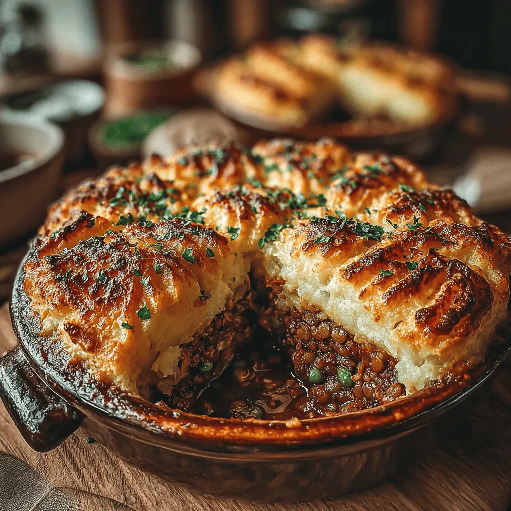 To create a delicious filling for your Hearty Lentil and Potato Shepherd’s Pie, start by sautéing the onion, garlic, and carrots in a large skillet over medium heat. Use a tablespoon of olive oil to coat the bottom of the pan, which will help to enhance the flavors of the vegetables. Sauté the onions until they are translucent, about 5 minutes. This step is crucial as it builds the base flavor for the dish. Next, add the minced garlic and diced carrots; cook for an additional 3-4 minutes, stirring frequently to prevent burning. The goal is to soften the vegetables while allowing their natural sweetness to emerge.