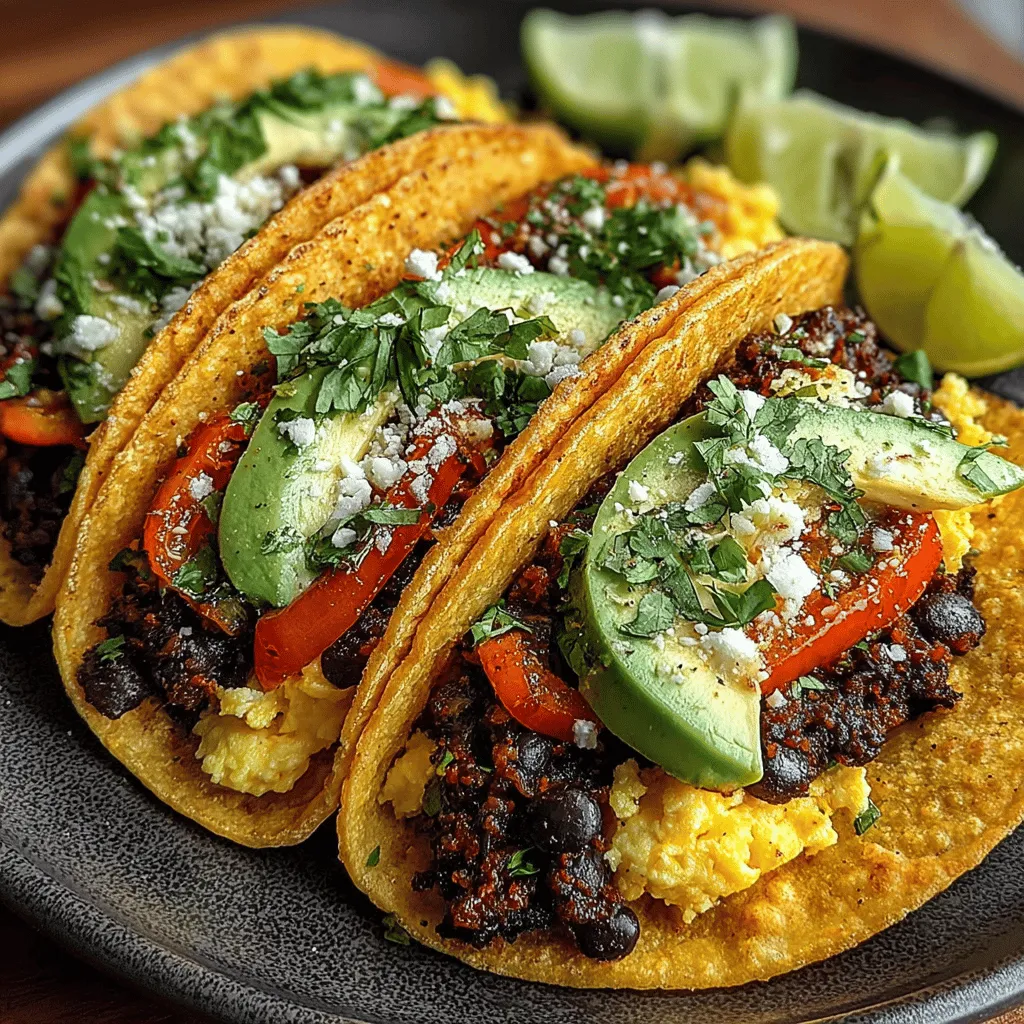 - 1 can (15 oz) black beans, rinsed and drained - 4 large eggs - 1 small onion, diced - 1 bell pepper (red or green), diced - 1 jalapeño, diced (adjust for spice preference) - 2 tablespoons olive oil - 1 teaspoon ground cumin - 1 teaspoon smoked paprika - Salt and pepper, to taste - 4 small corn or flour tortillas - 1 avocado, sliced - Fresh cilantro, for garnish - Lime wedges, for serving