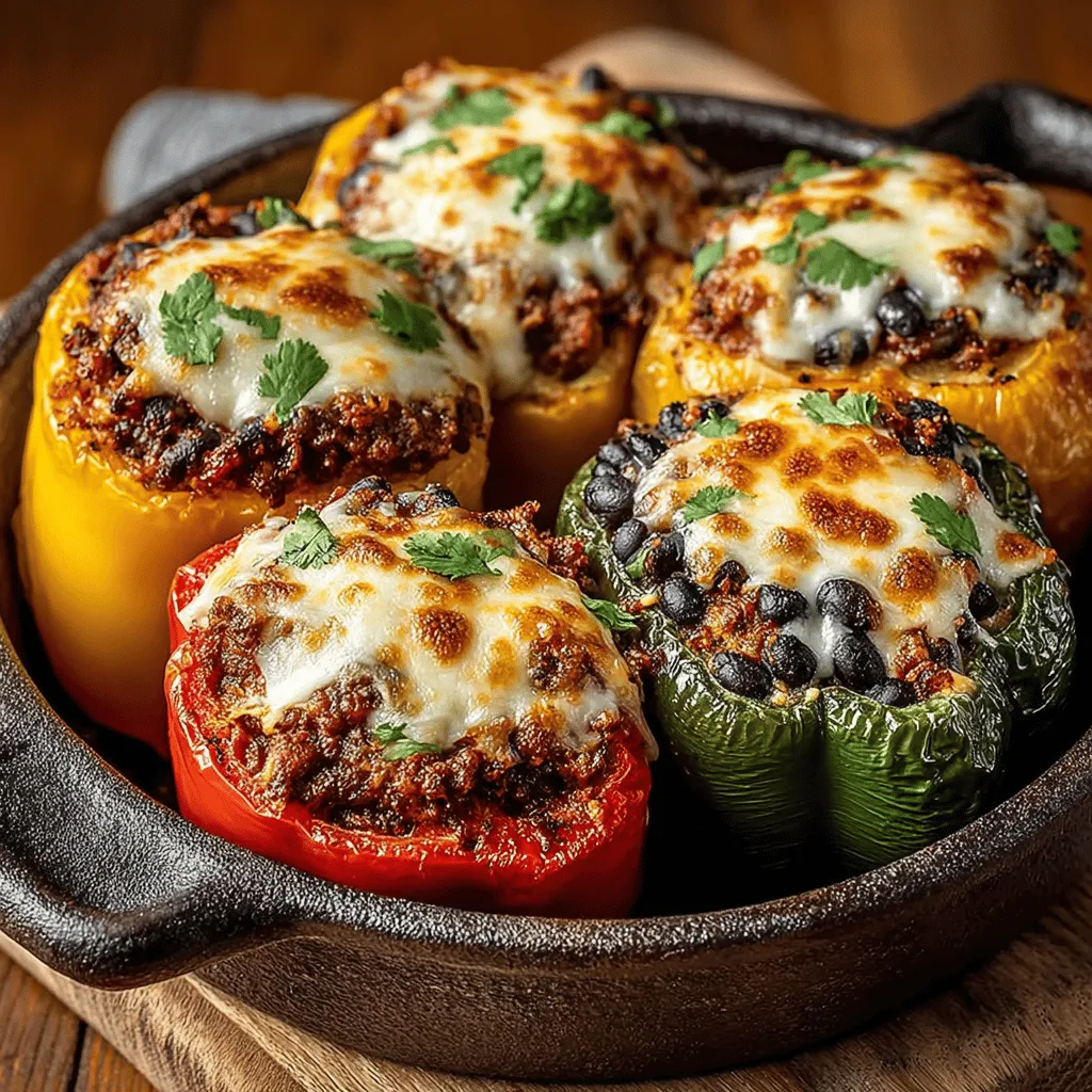 - 4 large bell peppers (any color) - 1 pound lean ground beef or turkey - 1 cup quinoa, rinsed - 2 cups beef or vegetable broth - 1 medium onion, diced - 2 cloves garlic, minced - 1 cup diced tomatoes (canned or fresh) - 1 can black beans, drained and rinsed - 1 teaspoon ground cumin - 1 teaspoon smoked paprika - 1 teaspoon dried oregano - Salt and pepper to taste - 1 cup shredded cheese (cheddar or Monterey Jack)