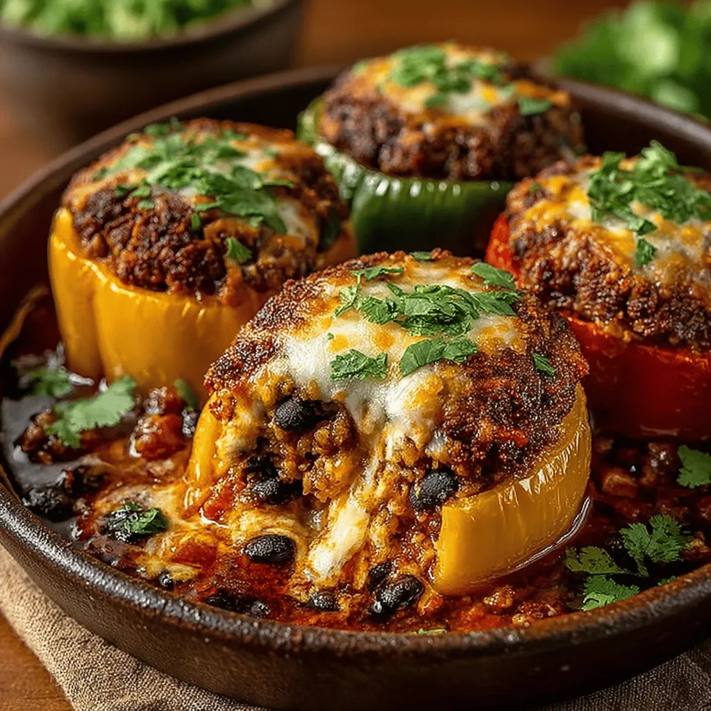 - 4 large bell peppers (any color) - 1 pound lean ground beef or turkey - 1 cup quinoa, rinsed - 2 cups beef or vegetable broth - 1 medium onion, diced - 2 cloves garlic, minced - 1 cup diced tomatoes (canned or fresh) - 1 can black beans, drained and rinsed - 1 teaspoon ground cumin - 1 teaspoon smoked paprika - 1 teaspoon dried oregano - Salt and pepper to taste - 1 cup shredded cheese (cheddar or Monterey Jack)