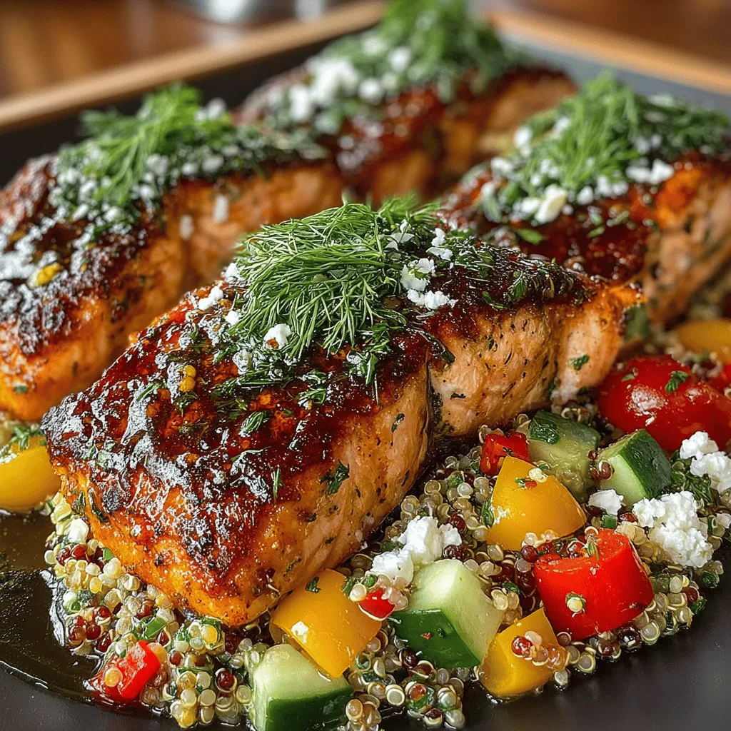 - 2 salmon fillets (6 oz each) - 1 cup quinoa - 2 cups water or vegetable broth - 1 lemon (zested and juiced) - 2 tablespoons olive oil - 2 cloves garlic (minced) - 1 tablespoon fresh dill (chopped) - 1 tablespoon fresh parsley (chopped) - 1 teaspoon salt - ½ teaspoon black pepper - 1 cup cherry tomatoes (halved) - ½ cucumber (diced) - ¼ red onion (finely chopped) - ¼ cup feta cheese (optional)
