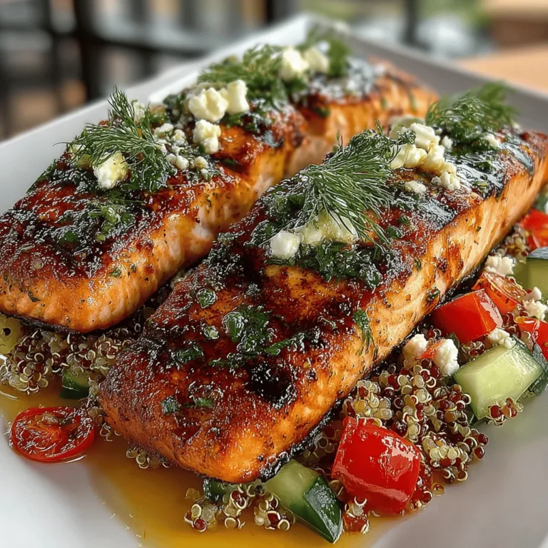 - 2 salmon fillets (6 oz each) - 1 cup quinoa - 2 cups water or vegetable broth - 1 lemon (zested and juiced) - 2 tablespoons olive oil - 2 cloves garlic (minced) - 1 tablespoon fresh dill (chopped) - 1 tablespoon fresh parsley (chopped) - 1 teaspoon salt - ½ teaspoon black pepper - 1 cup cherry tomatoes (halved) - ½ cucumber (diced) - ¼ red onion (finely chopped) - ¼ cup feta cheese (optional)
