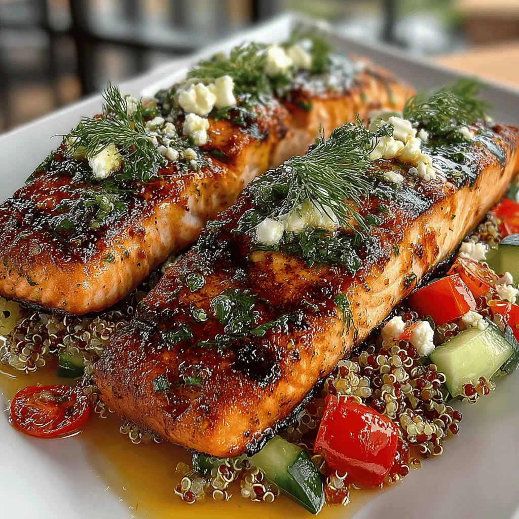 - 2 salmon fillets (6 oz each) - 1 cup quinoa - 2 cups water or vegetable broth - 1 lemon (zested and juiced) - 2 tablespoons olive oil - 2 cloves garlic (minced) - 1 tablespoon fresh dill (chopped) - 1 tablespoon fresh parsley (chopped) - 1 teaspoon salt - ½ teaspoon black pepper - 1 cup cherry tomatoes (halved) - ½ cucumber (diced) - ¼ red onion (finely chopped) - ¼ cup feta cheese (optional)