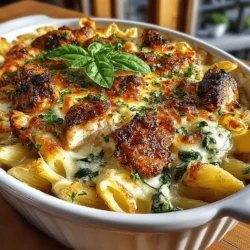Creamy Chicken and Spinach Pasta Bake is the epitome of comforting home-cooked meals. This dish combines tender chicken, vibrant spinach, and a rich, creamy sauce, all enveloped in perfectly cooked pasta, creating a delightful harmony of flavors and textures. The ease of preparation makes it an ideal choice for busy weeknights or family gatherings, while the wholesome ingredients ensure that it is both satisfying and nourishing. Whether you are looking to impress guests or simply enjoy a cozy dinner at home, this pasta bake is sure to become a favorite.