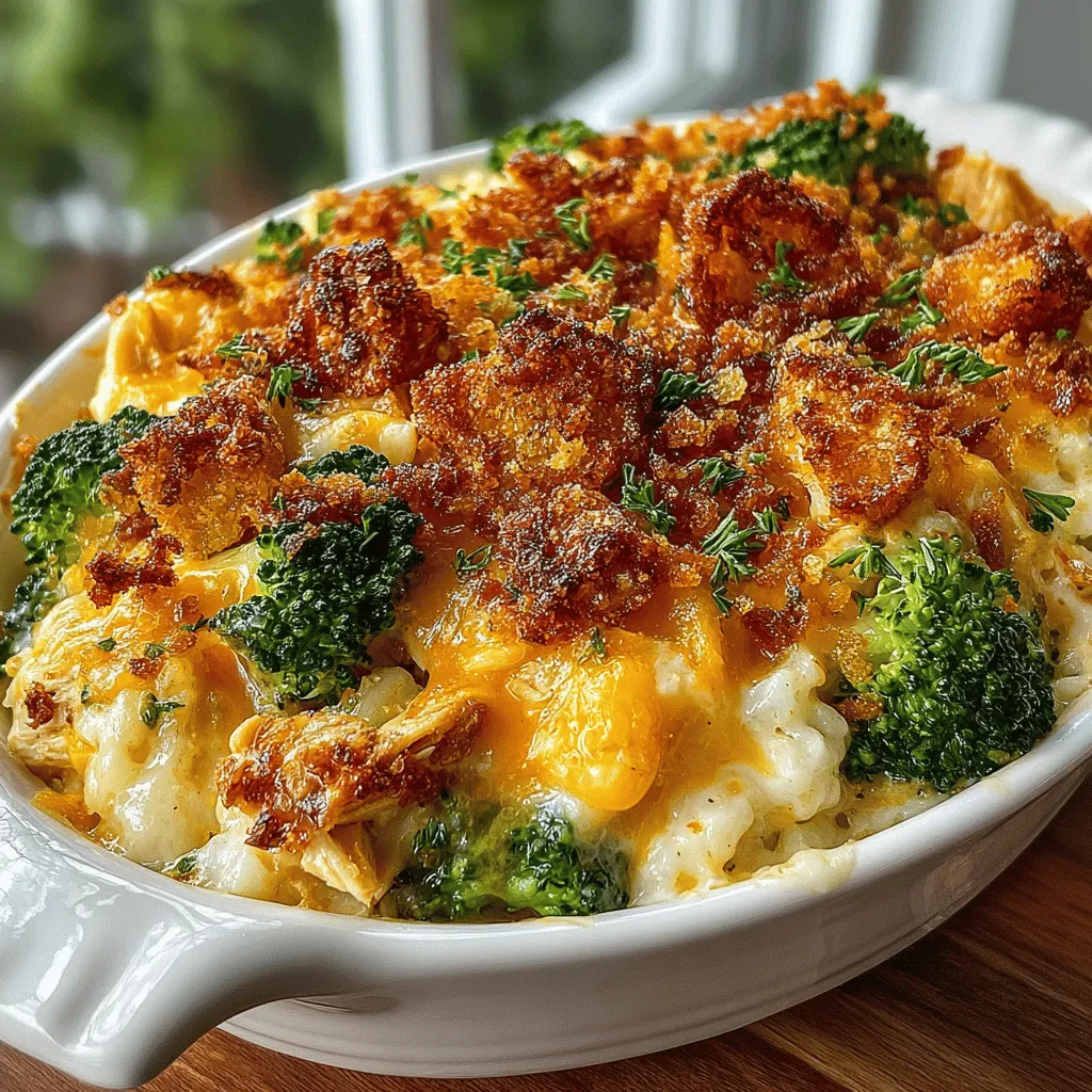 - 2 cups cooked chicken, shredded - 3 cups fresh broccoli florets - 1 cup long-grain white rice, uncooked - 2 cups sharp cheddar cheese, shredded - 1 can (10.5 oz) cream of chicken soup - 1 cup sour cream - 1 teaspoon garlic powder - 1 teaspoon onion powder - 1 teaspoon paprika - Salt and pepper to taste - Optional: 1 cup breadcrumbs and 2 tablespoons butter for topping