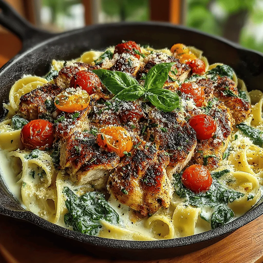 - 2 boneless, skinless chicken breasts - 8 ounces fettuccine or penne pasta - 2 cups fresh spinach, washed and chopped - 1 cup heavy cream - 1 cup chicken broth - 1 cup cherry tomatoes, halved - 1 medium onion, diced - 3 cloves garlic, minced - 1 tablespoon olive oil - 1 teaspoon Italian seasoning - Salt and pepper to taste - Fresh parsley for garnish (optional)