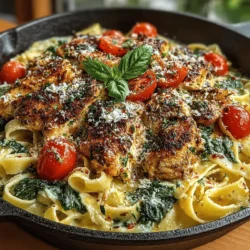 - 2 boneless, skinless chicken breasts - 8 ounces fettuccine or penne pasta - 2 cups fresh spinach, washed and chopped - 1 cup heavy cream - 1 cup chicken broth - 1 cup cherry tomatoes, halved - 1 medium onion, diced - 3 cloves garlic, minced - 1 tablespoon olive oil - 1 teaspoon Italian seasoning - Salt and pepper to taste - Fresh parsley for garnish (optional)
