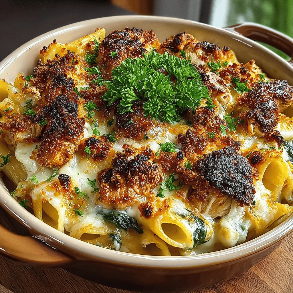 - 8 ounces penne pasta - 2 cups cooked chicken, shredded or diced - 2 cups fresh spinach, chopped - 1 cup ricotta cheese - 1/2 cup cream cheese, softened - 1 cup shredded mozzarella cheese - 1/2 cup grated Parmesan cheese - 2 cloves garlic, minced - 1 teaspoon Italian seasoning - Salt and pepper, to taste - 1 tablespoon olive oil - 1/4 cup chicken broth (optional)