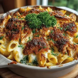 - 8 ounces penne pasta - 2 cups cooked chicken, shredded or diced - 2 cups fresh spinach, chopped - 1 cup ricotta cheese - 1/2 cup cream cheese, softened - 1 cup shredded mozzarella cheese - 1/2 cup grated Parmesan cheese - 2 cloves garlic, minced - 1 teaspoon Italian seasoning - Salt and pepper, to taste - 1 tablespoon olive oil - 1/4 cup chicken broth (optional)