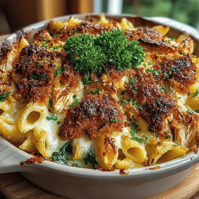 - 8 ounces penne pasta - 2 cups cooked chicken, shredded or diced - 2 cups fresh spinach, chopped - 1 cup ricotta cheese - 1/2 cup cream cheese, softened - 1 cup shredded mozzarella cheese - 1/2 cup grated Parmesan cheese - 2 cloves garlic, minced - 1 teaspoon Italian seasoning - Salt and pepper, to taste - 1 tablespoon olive oil - 1/4 cup chicken broth (optional)