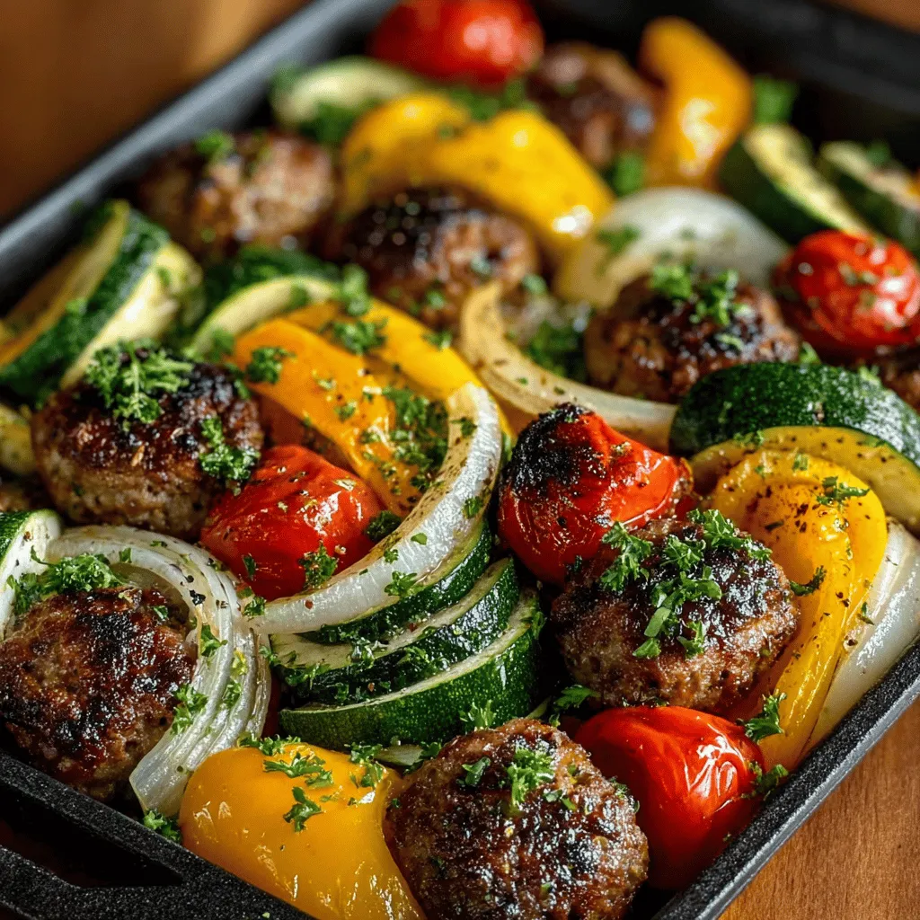 - 1 pound Italian sausage (mild or spicy) - 2 bell peppers, sliced (any color) - 1 red onion, sliced - 1 zucchini, sliced - 1 cup cherry tomatoes, halved - 4 cloves garlic, minced - 2 tablespoons olive oil - 1 teaspoon dried oregano - 1 teaspoon dried basil - Salt and pepper, to taste - Fresh parsley, for garnish (optional)