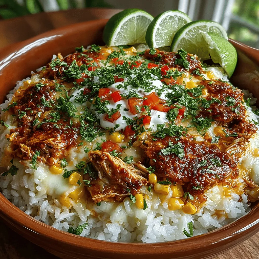 - 2 cups cooked white rice - 2 cups shredded chicken breast - 1 can (15 oz) black beans, rinsed and drained - 1 cup corn (frozen or canned) - 1 can (10 oz) diced tomatoes with green chilies - 1 cup salsa - 1 teaspoon chili powder - 1 teaspoon cumin - 1/2 teaspoon garlic powder - 1/2 teaspoon onion powder - 1 cup shredded sharp cheddar cheese - 1 cup shredded Monterey Jack cheese - Salt and pepper to taste - Fresh cilantro, for garnish (optional)