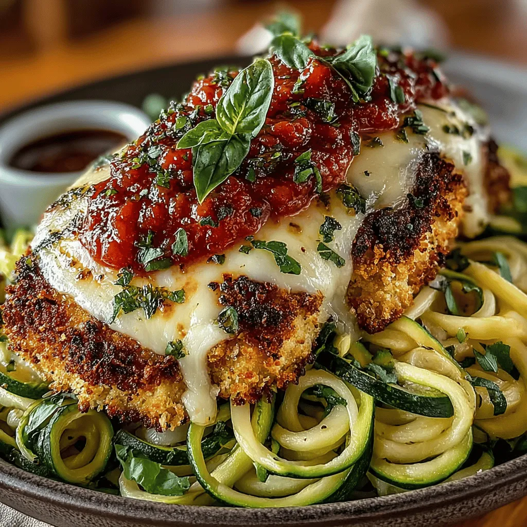 - 4 boneless, skinless chicken breasts - 1 cup panko breadcrumbs - 1/2 cup grated Parmesan cheese - 1 teaspoon garlic powder - 1 teaspoon dried oregano - 1 teaspoon dried basil - Salt and pepper, to taste - 2 cups crushed tomatoes - 1 tablespoon olive oil - 2 medium zucchinis - Fresh basil, for garnish (optional)