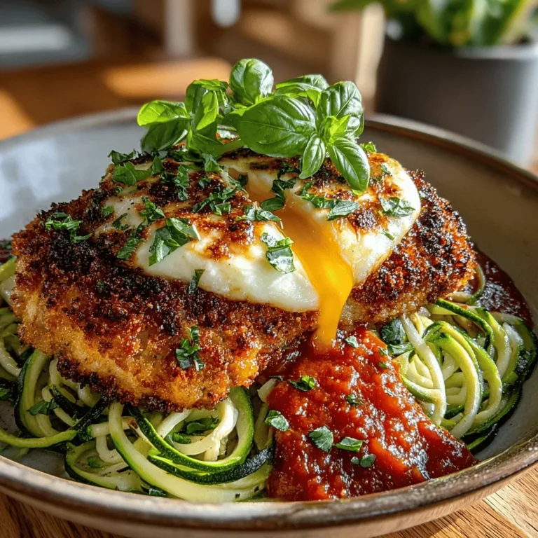 - 4 boneless, skinless chicken breasts - 1 cup panko breadcrumbs - 1/2 cup grated Parmesan cheese - 1 teaspoon garlic powder - 1 teaspoon dried oregano - 1 teaspoon dried basil - Salt and pepper, to taste - 2 cups crushed tomatoes - 1 tablespoon olive oil - 2 medium zucchinis - Fresh basil, for garnish (optional)